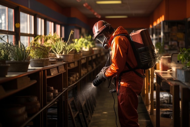 Janitorial worker meticulously cleaning and organizing a school library Generative AI