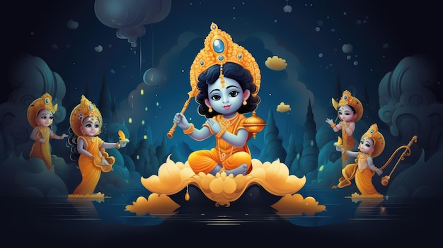 Janmashtami-dag Mahabharata Heer Krishna Een hindoegod Indiase mythologie Blauwe achtergrond Generatieve AI
