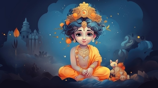 <unk>마슈타미 (Janmashtami) 날, 마하바라타 (Mahabharata), 크리슈나 (Krishna) 신, 힌두 신, 인도 신화, 파란색 배경, 인공지능 (AI)