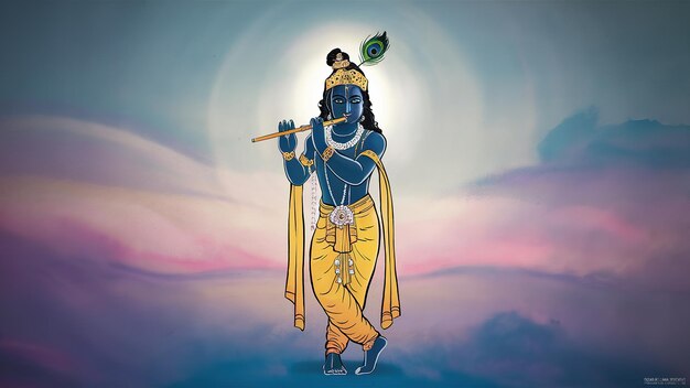 Photo janmashtami festival with lord krishna playing flute illustration background