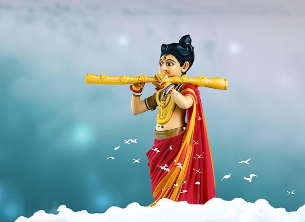 小さなクリシュナ神がフルートを握っているジャンマシュミの祝い