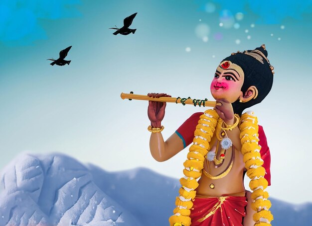 小さなクリシュナ神がフルートを握っているジャンマシュミの祝い