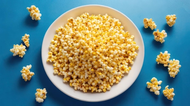 January 19 national popcorn day in the usa popcorn in a plate on a blue background top view