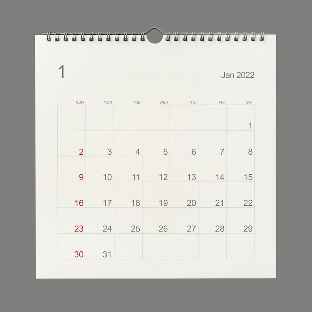 January 2022 calendar page on white background. Calendar background for reminder, business planning, appointment meeting and event. Close-up.