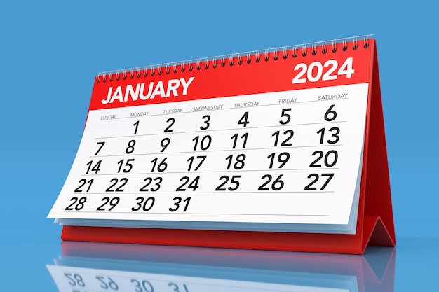 2024년 1월 달력은 파란색 배경 3D 일러스트레이션에 고립되어 있습니다.