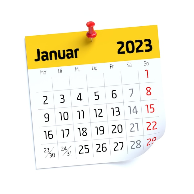 January Calendar 2023 in German Language Isolated on White Background 3D Illustration