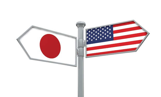 Japan and America flag moving in different direction 3D Rendering