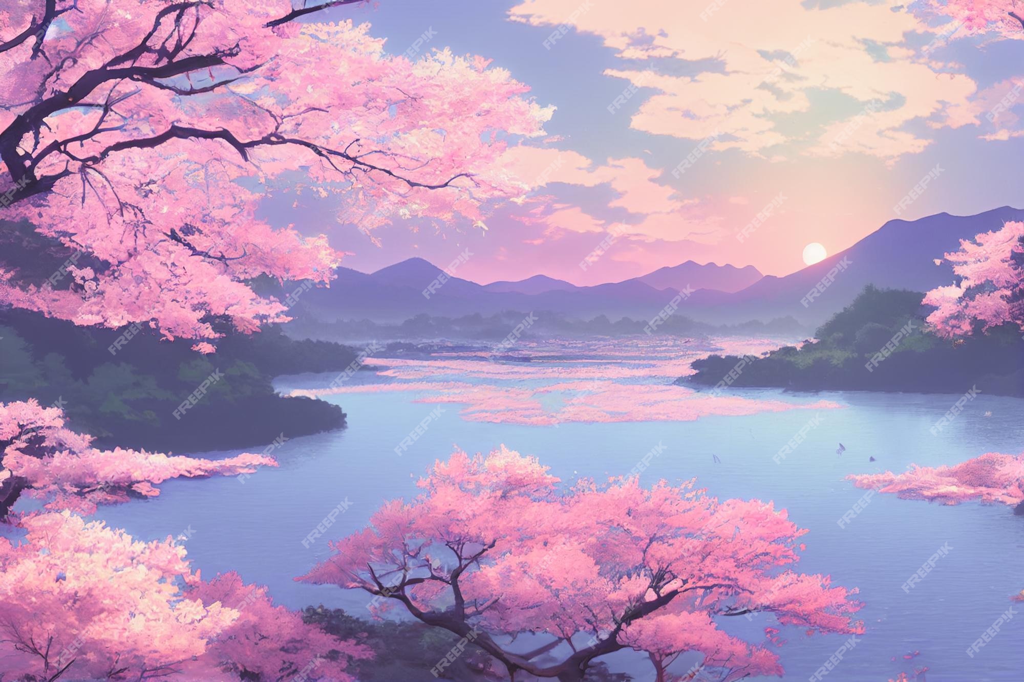 Premium Photo | Japan anime scenery wallpaper featuring beautiful pink  cherry trees and mount fuji in the background