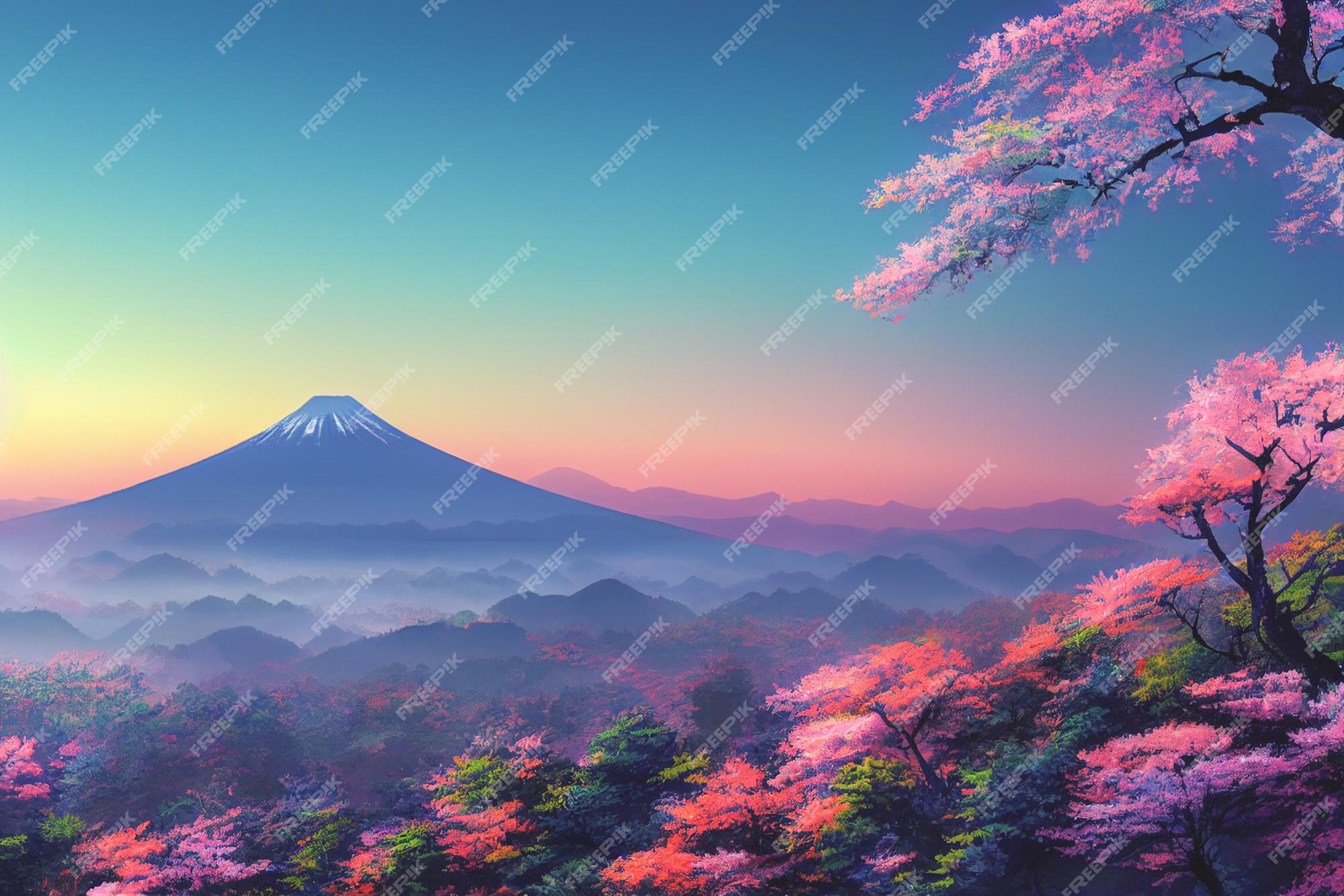 Premium Photo | Japan anime scenery wallpaper featuring beautiful pink  cherry trees and mount fuji in the background