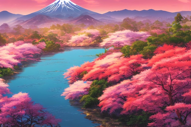 美しいピンクの桜の木と富士山を背景にした日本のアニメの風景の壁紙