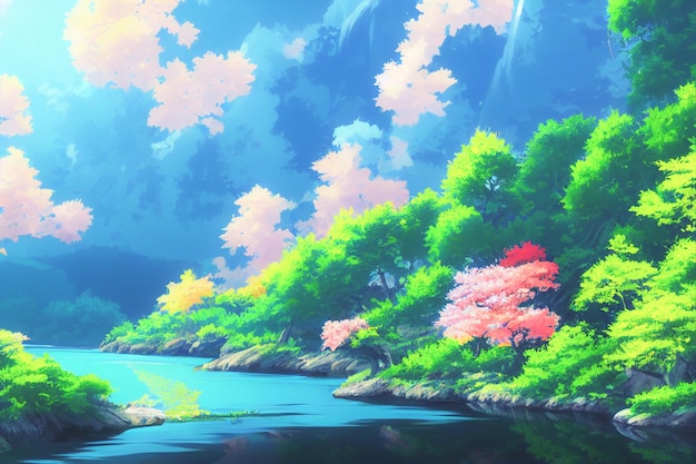 Japan anime scenery wallpaper featuring beautiful pink cherry trees and Mount Fuji in the background