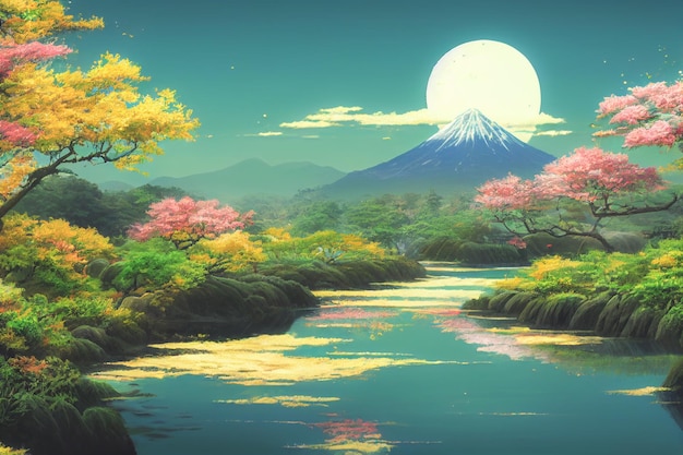 Japan anime scenery wallpaper featuring beautiful pink cherry trees and Mount Fuji in the background