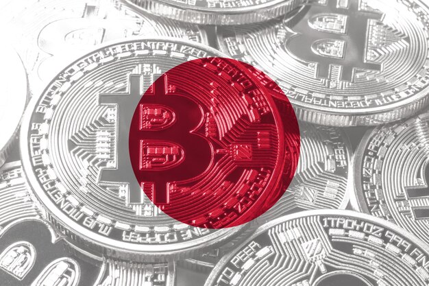 Japan bitcoin flag, national flag cryptocurrency concept black background