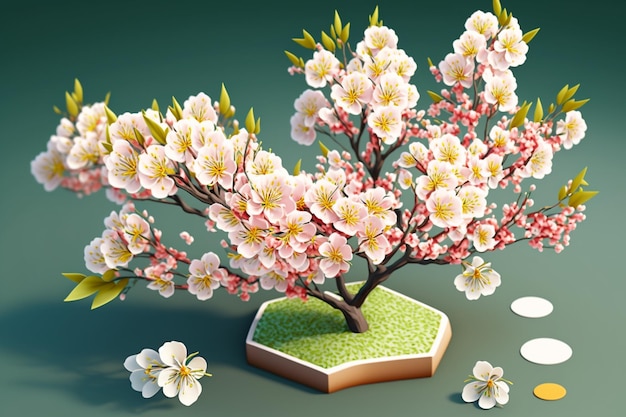 japan cherry branch with blooming flowers