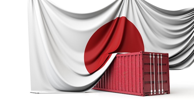 Japan flag draped over a commercial trade shipping container d rendering