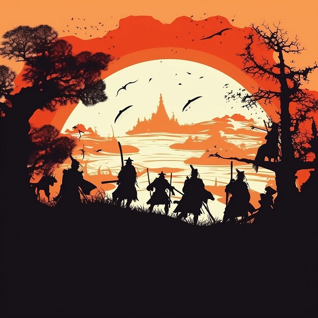 Japan medieval land battle silhouette concept with warriors team generative AI