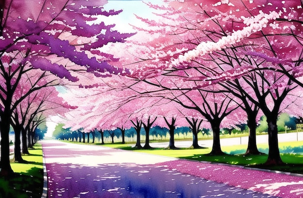 Japan sakura festival of cherry tree blossom explosion ai generated landscape for digital printing
