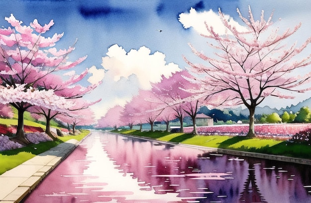 Japan Sakura festival of Cherry tree blossom explosion AI generated landscape for digital printing