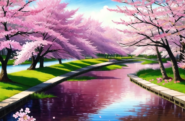 Japan Sakura festival of Cherry tree blossom explosion AI generated landscape