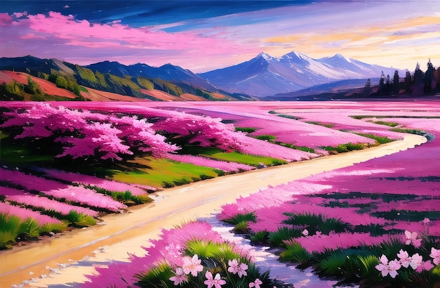 Japan sakura festival of cherry tree blossom explosion ai generated landscape