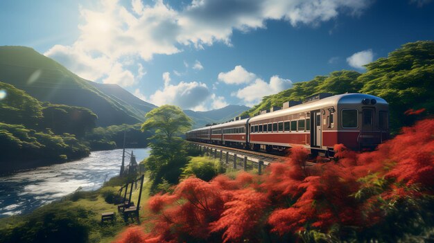 japan scenic train japan landscape cinematic lighting sunny bluesky