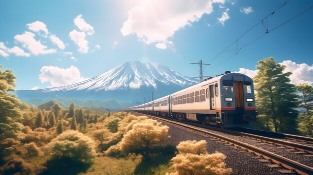 日本の観光列車、日本の風景、映画のような照明、晴れた青空