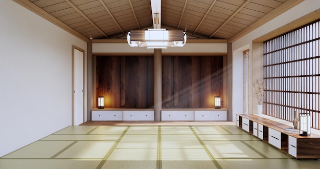 Stile giapponese grande area soggiorno in una camera di lusso o in un hotel con decorazione in stile giapponese e rendering 3d