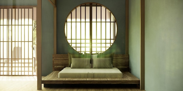 Japan style empty room decorated with wooden bed white wall and wooden wall