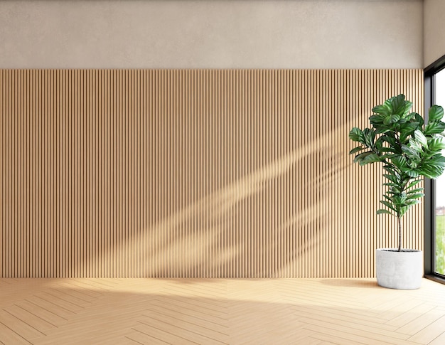 Japan style empty room with wood pattern wall and indoor green plants 3d rendering