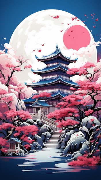 일본 사원 또는 아시아 탑 벚꽃 나무와 일본 전통 랜드마크