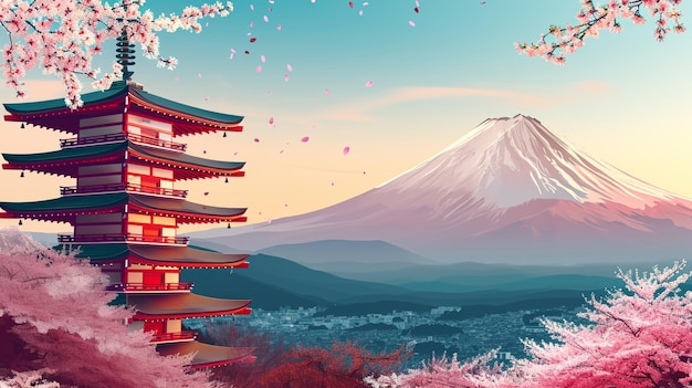写真 日本の寺院やアジアのパゴダ 桜の木のある日本の伝統的なランドマーク ジェネレーティブ・アイ