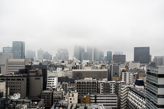 日本/東京-2019年10月29日：新宿の高層ビルのスカイラインの雲の上のトップビュー。日本の都市都市景観の不動産。