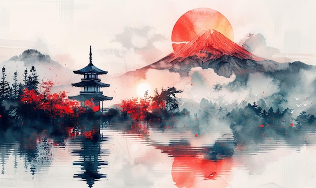 Japan watercolor landscape