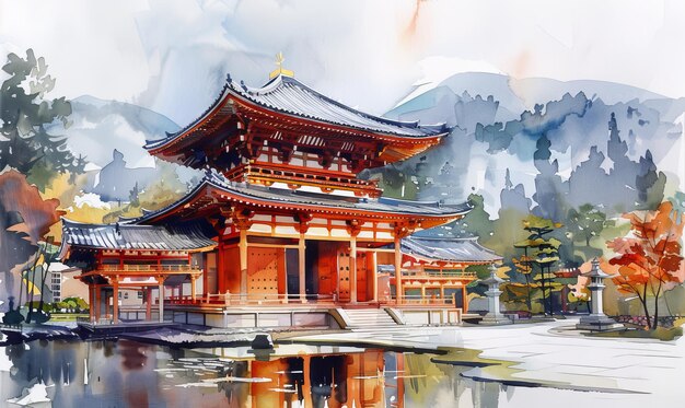 Japan watercolor landscape