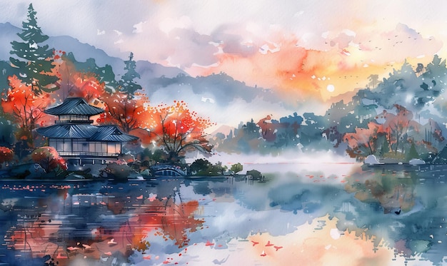 Japan watercolor landscape