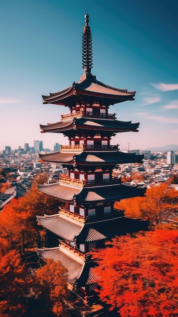 Япония дзен пейзаж панорама вид фотография сакура цветы пагода мир тишина башня стена