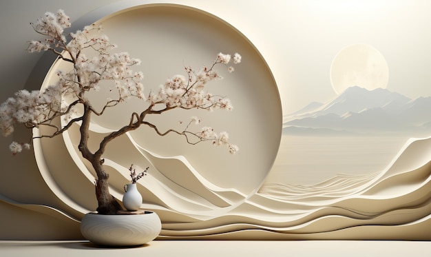 Foto japandi sfondo calmo in colori bianchi e elementi astratti minimi focus morbido selettivo