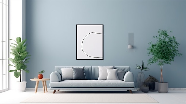 Japandi minimalist living room with frame mockup in white and blue tones sofa rattan furniture and wallpaper design of a farmhouse interior Generative AI