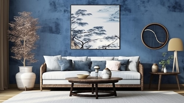 Japandi minimalistische woonkamer met framemodel in witte en blauwe tinten Generatieve AI