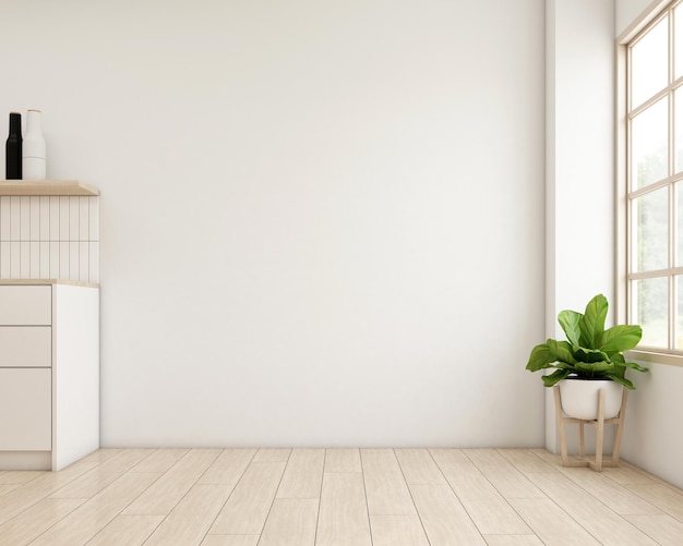 Photo japandi style empty room decorated with white wall and wood floor 3d rendering