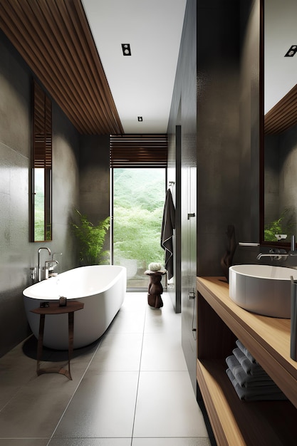 Japandi style interior of bathroom in modern house