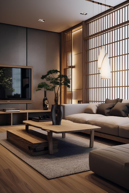현대 럭셔리 하우스의 거실의 Japandi 스타일 인테리어
