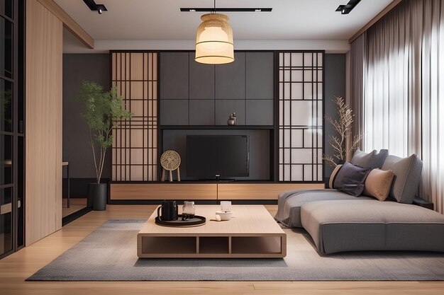 Japandi style interior of living room in modern luxury house