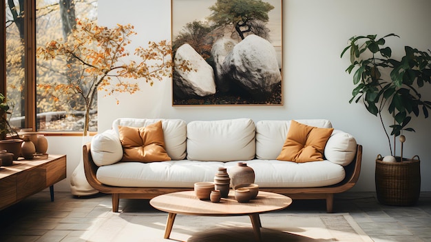 Japandi woonkamer interieur met gezellige beige bank modern minimalistisch design Lichte woonkamer met ramen, planten en een foto Houten salontafel met keramiek Interieurdecoratie Generatieve ai