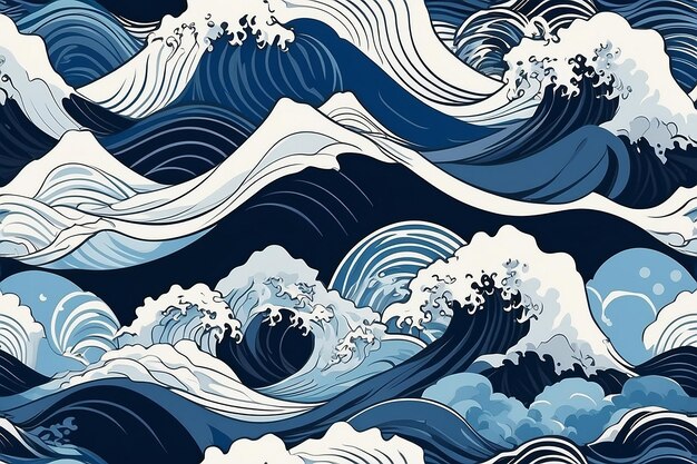 Japanese abstract blue and white wave seamless pattern