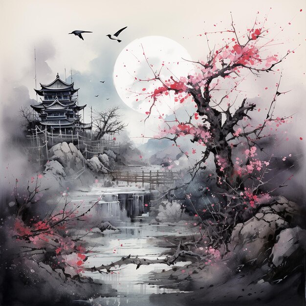 Photo japanese abstract painting traditional art and digital art black metal paint