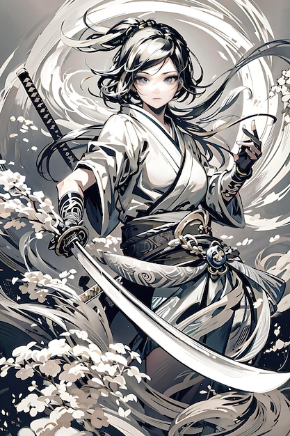 Photo japanese angry samurai girl hilding a sword ai generated