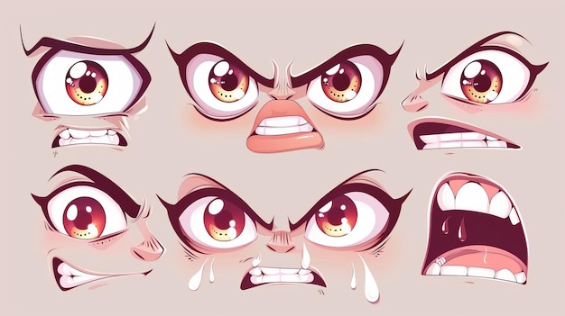 Photo japanese animation characters with cute faces mangastyle eyes and mouths comical cartoon japanese emoticons background wallpaper emotions