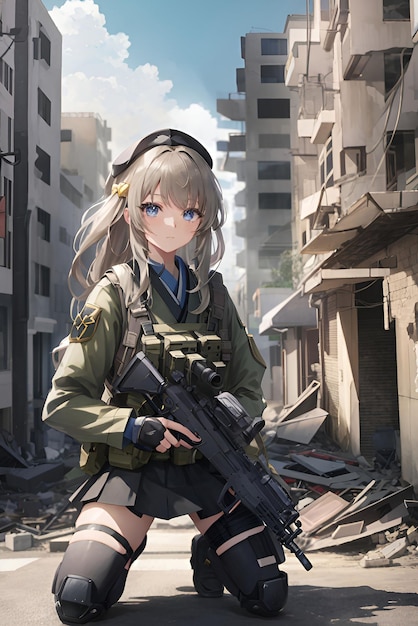 A Japanese anime girl wearing an army uniform kneels in the ruined city