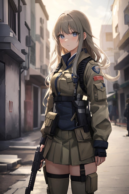 軍服を着た日本のアニメの女の子が街でポーズをとっている